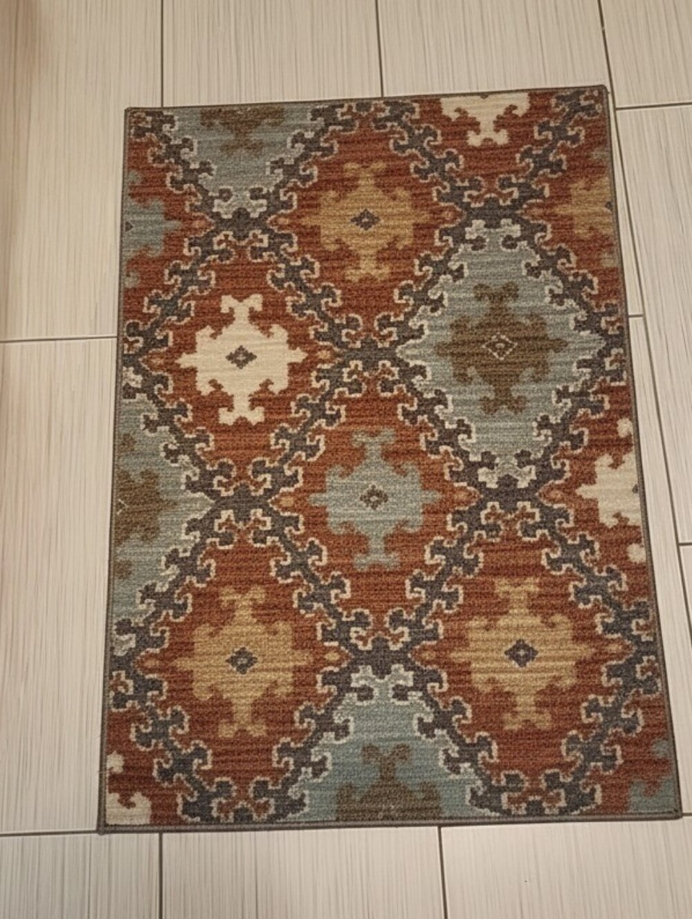 Source Unknown Burnt Orange and Sage Geometric Kitchen Rug